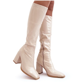 PS1 Patent över-knä-högklackade stövlar, Beige Mlokva