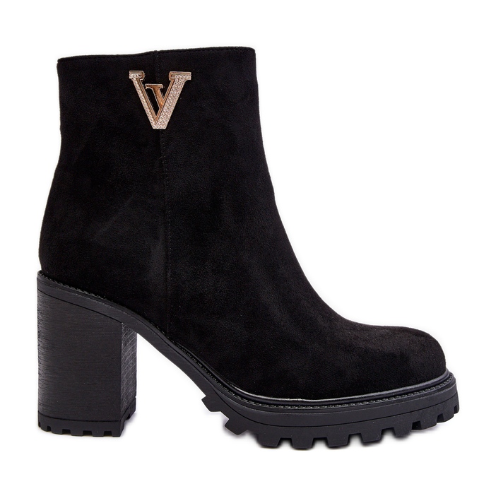 Damkängor med hög klack i mocka med dekoration, svart stark