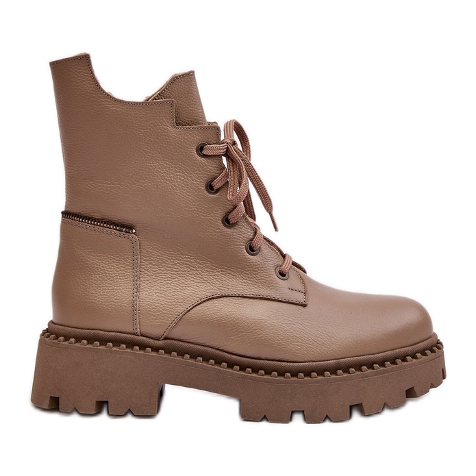 Zazoo 949P Läder Trapper Boots för kvinnor, mörkbeige