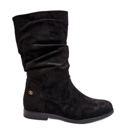 Platta stövlar för kvinnor med rynkad ovandel, svart Kotine