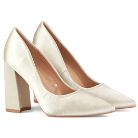 Satinbeige pumps, högklackade damskor i guld