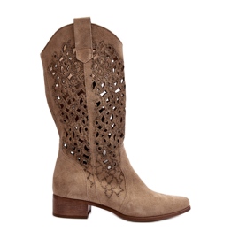 Zazoo 3403 Openwork stövlar för kvinnor på låga klackar Ljusbeige