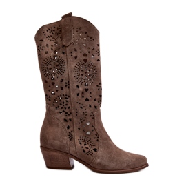 Zazoo 3396 Mocka Openwork Mid-Calf Boots Mörk Beige