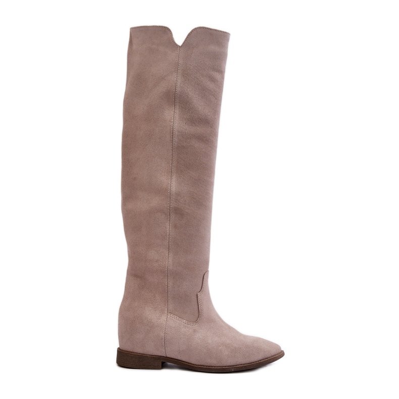 Zazoo 3407 Knähöga stövlar i mocka med platta cappuccinoklackar beige