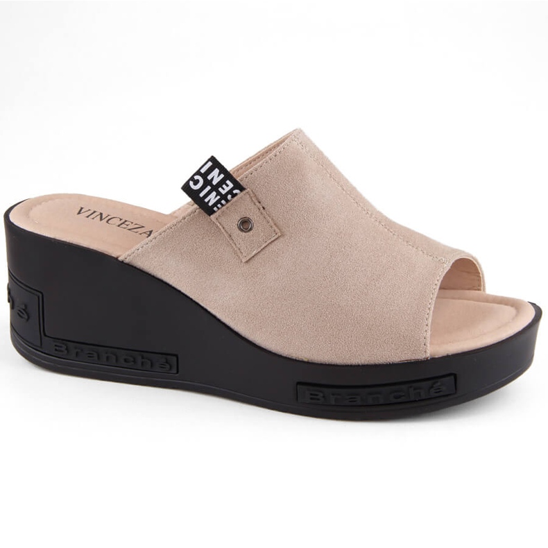 Beige damtofflor med kil i mocka Vinceza 58291