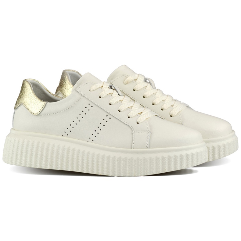 Beige damsportskor gjorda av naturligt läder, kvinnors läderskor