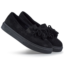 Svarta damskor med fransar, svarta mockasiner med fransar