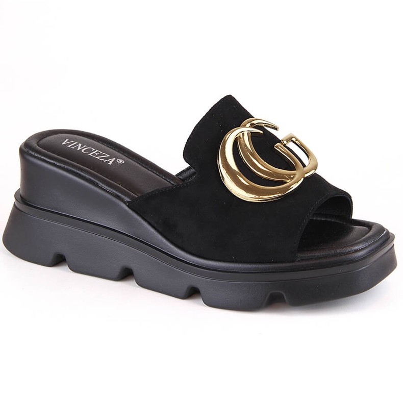 Damtofflor med kil i mocka, svart, Vinceza 58295