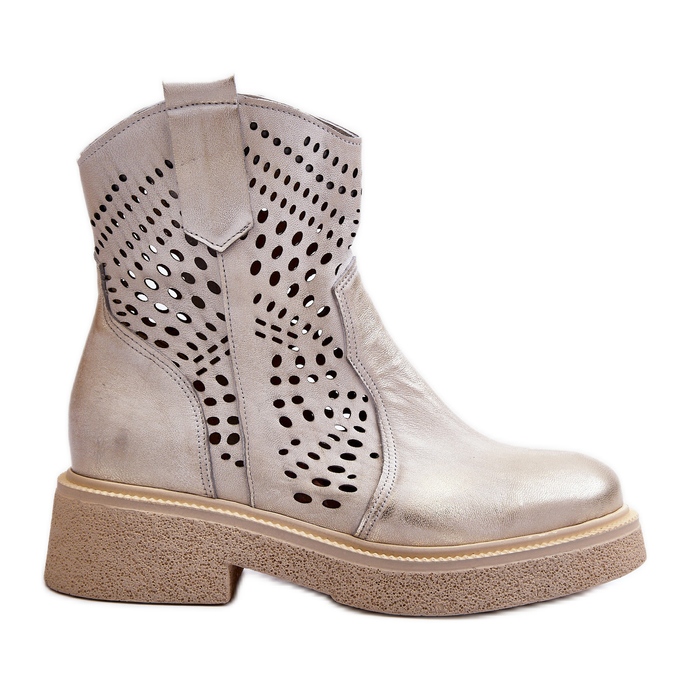 Zazoo 3470 ankelstövlar i läder för kvinnor på platt klack, genombruten guld, borstad gyllene