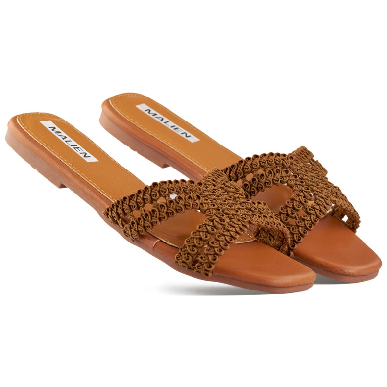 Bruna damflipflops i spets med platt sula