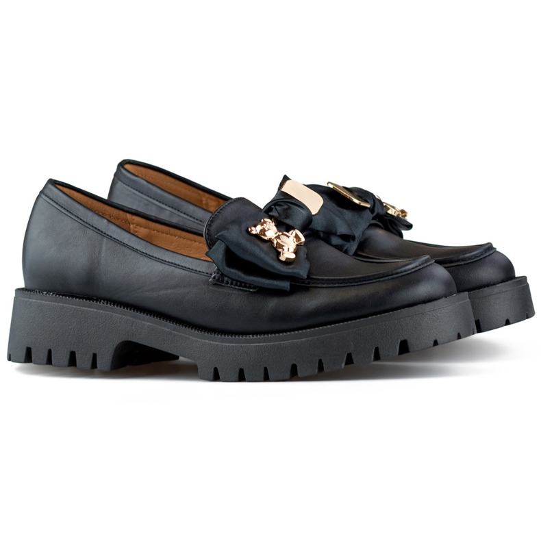 Svarta loafers med rosett, mockasiner med nallebjörn