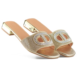 Eleganta damtofflor med lågklackade paljetter i guld gyllene