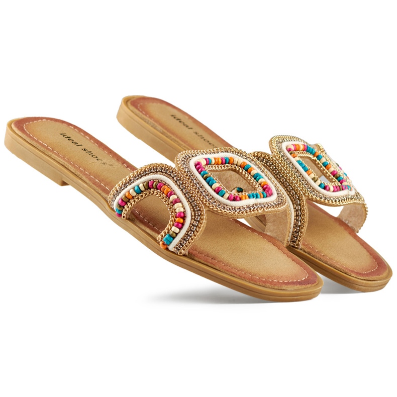 Dekorerade kvinnors platta flerfärgade flip-flops beige