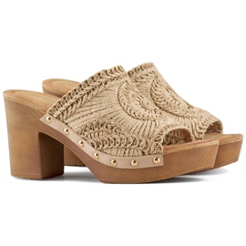 Damflipflops i spets beige med träimiterande sula