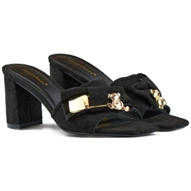 Svarta högklackade flipflops med rosett, flipflops med nallebjörn