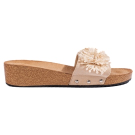 Damtofflor i beige mocka med blommor