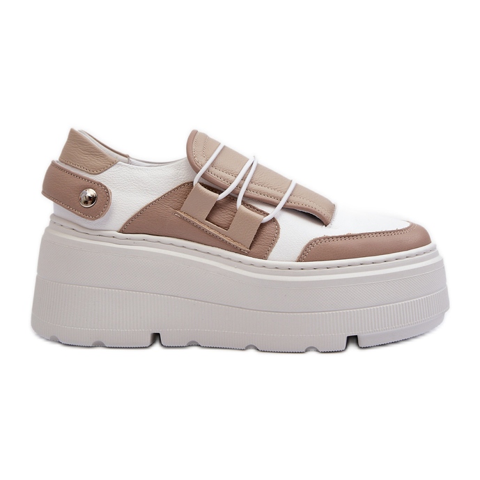 Zazoo 1833 Sneakers i läder för kvinnor med en massiv sula, beige och vit