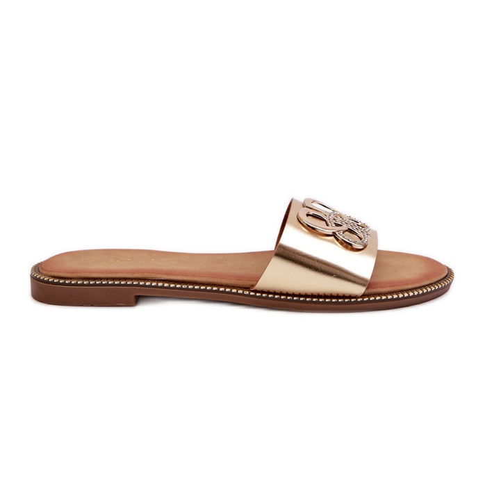 Damflip-flops med ekologisk läderdekoration på en platt klack, guld Sadria gyllene