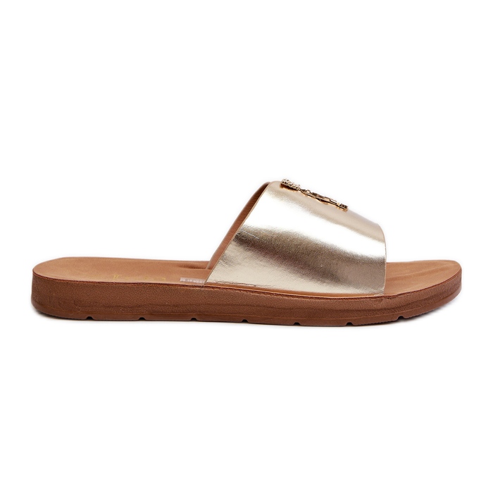 Damflip-flops på en platt sula med ekologisk läderdekoration, guld Makia gyllene