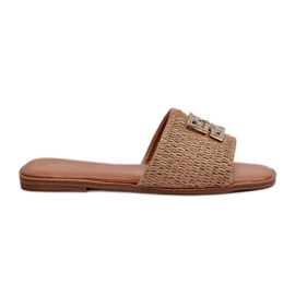 Platta flip-flops för kvinnor med fläta och dekoration, Beige Omenna