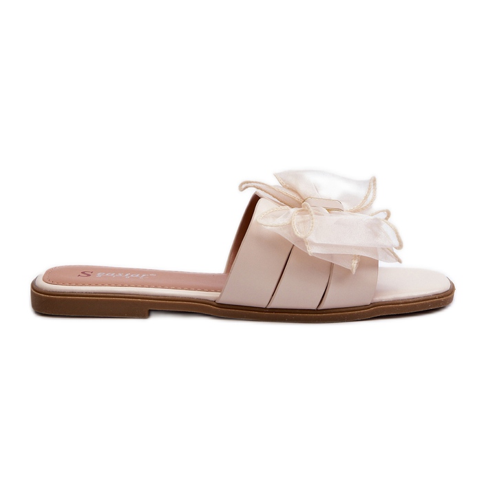 Platta flip-flops för kvinnor med rosett, Beige Balinda