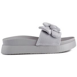 Grå damflipflops med rosett på tjock sula