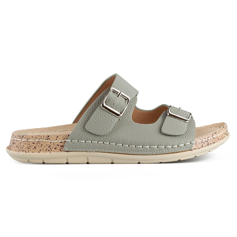 Bekväma grå damflip-flops med två spännen och en lädersula