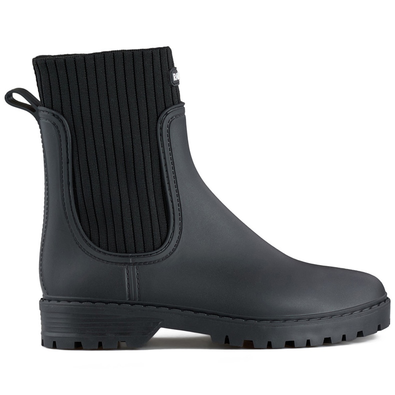 Svarta Wellington-stövlar för kvinnor med en ovandel i elastisk strumpa