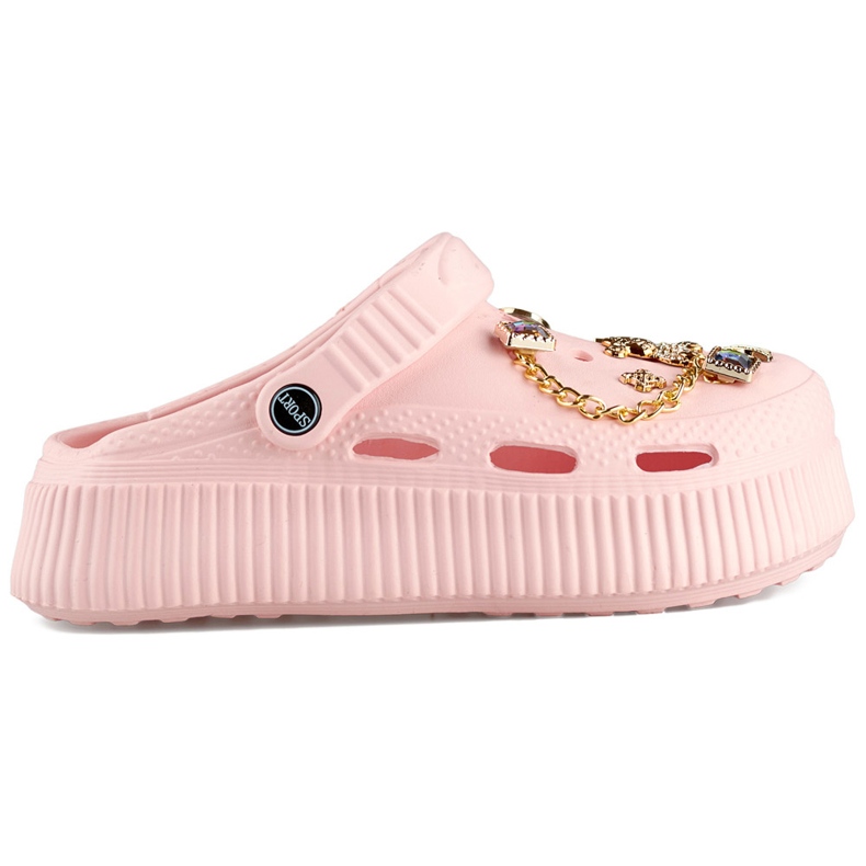 Rosa flipflops med tjock sula och dekorationer