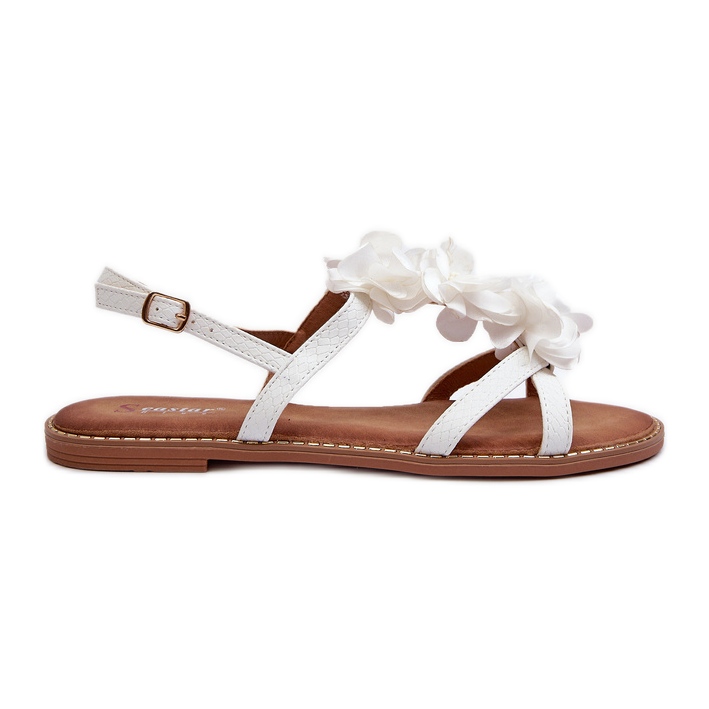 Platta sandaler för kvinnor dekorerade med blommor, vit Abidina