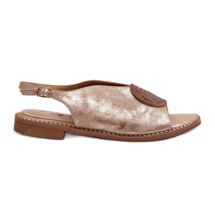 Damsandaler med dekoration på platta klackar S.Barski KV24-057 Guld gyllene