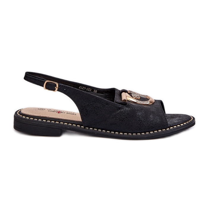 Eleganta damsandaler med gulddekor på platta klackar, svart S.Barski KV27-053