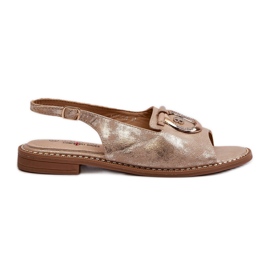 Eleganta damsandaler med gulddekor på platta klackar, guld S.Barski KV27-053 gyllene