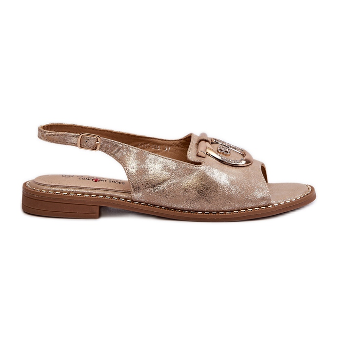 Eleganta damsandaler med gulddekor på platta klackar, guld S.Barski KV27-053 gyllene