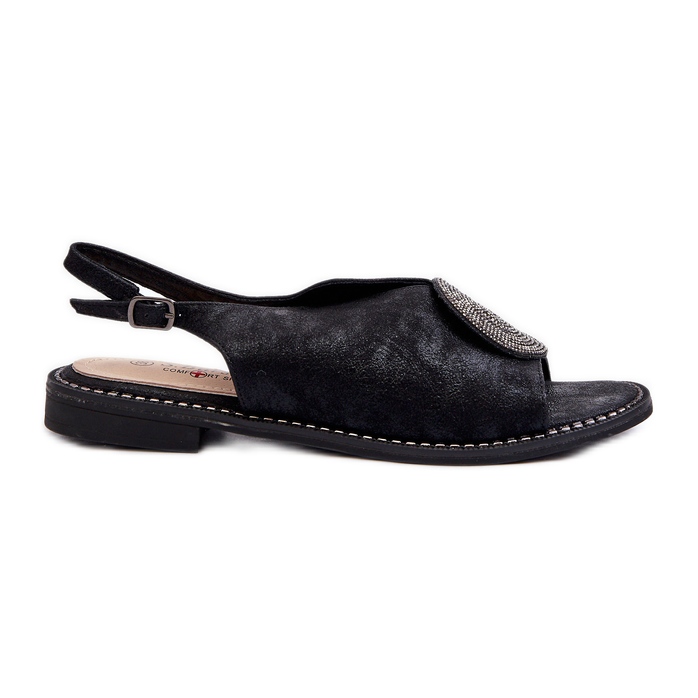 Damsandaler med dekoration på platta klackar S.Barski KV24-057 Svart