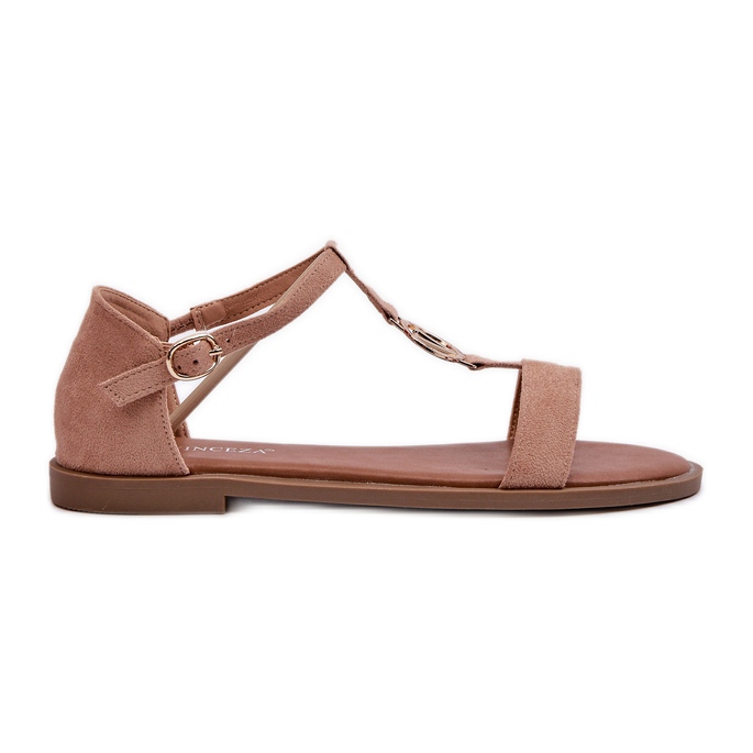 Platta sandaler för kvinnor med gulddekor Vinceza 17321 Beige