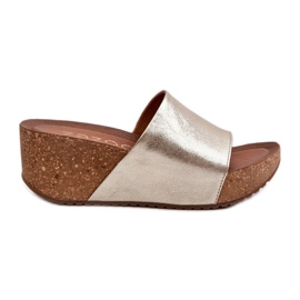 Zazoo 40289 flipflops i läder för kvinnor med en korkkil, guld gyllene