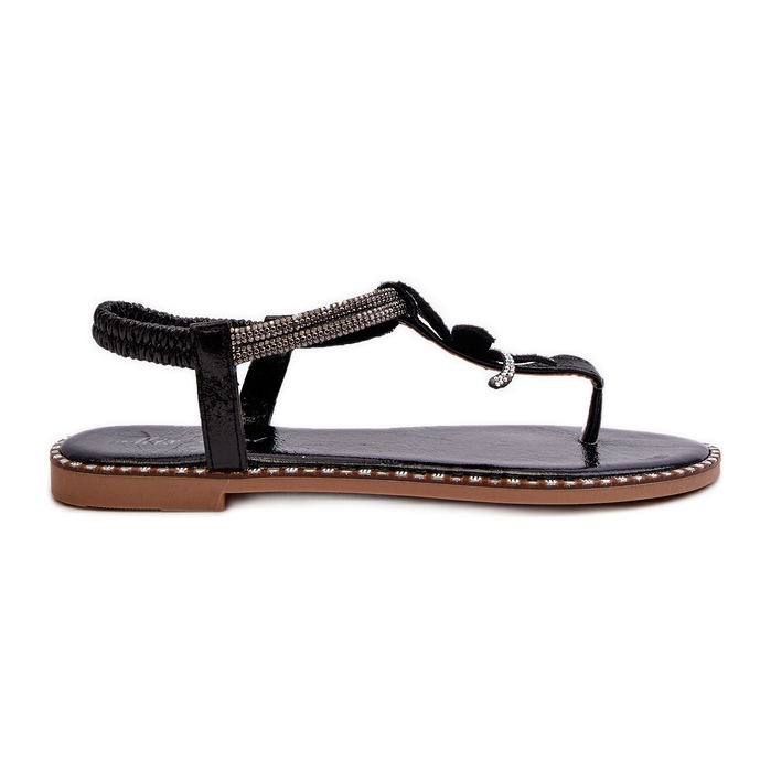 Platta sandaler för kvinnor med en dekorativ blomma, Black Edoni svart