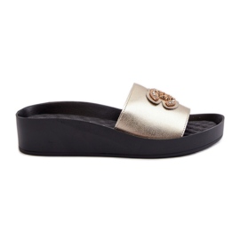 Eleganta, lätta damflipflops med dekoration, naturläder S.Barski KV27-013, guld gyllene