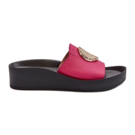 Zazoo 2920 flip-flops i läder för kvinnor med gulddetaljer Fuchsia rosa
