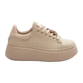 Sneakers i läder för kvinnor på plattformen med en nalle Beige Vinceza 66641