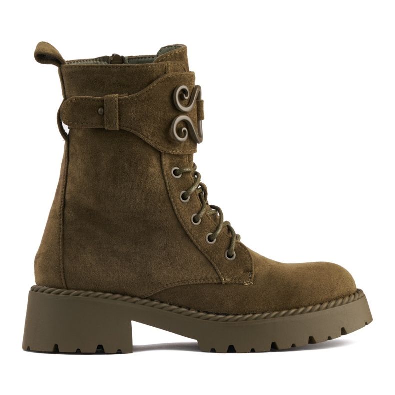 Mörkgröna mocka-arbetare med snörning