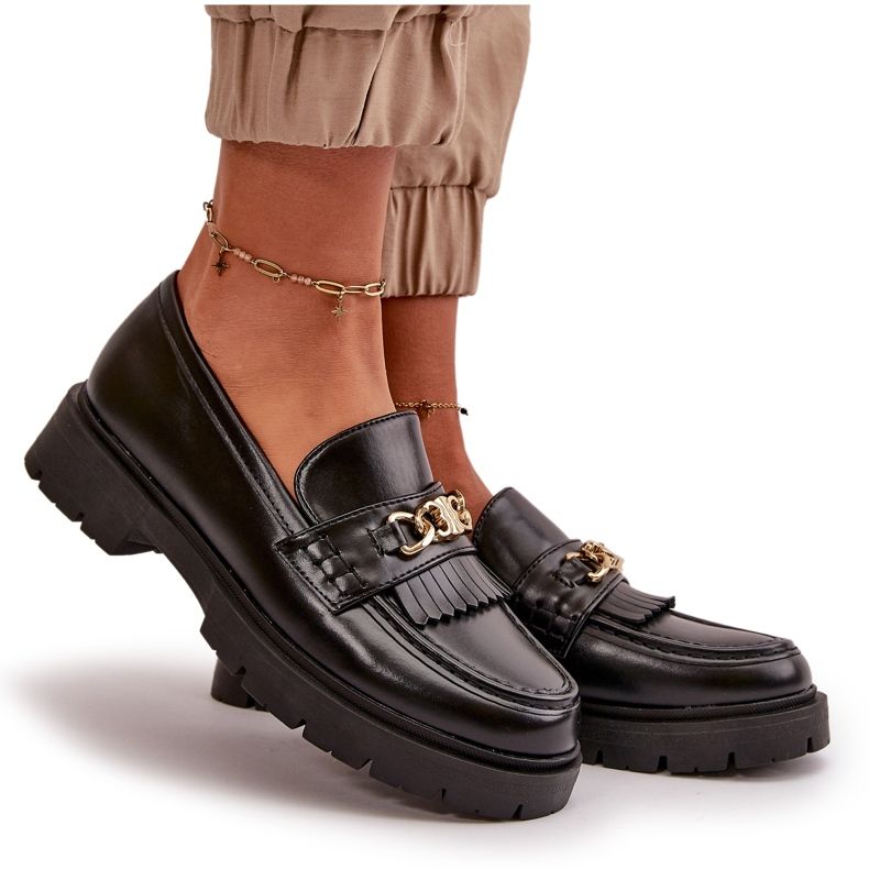 PH2 Eko-lädermockasiner för kvinnor med gulddekoration, svart Zanita