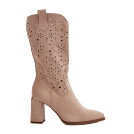 Genombrutna stövlar för kvinnor på hög klack med spetsiga tår, Eco Mocka Beige Nevitra