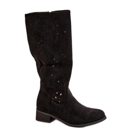 Genombrutna damstövlar på låga klackar Ekomocka med dragkedja Svarta orkidéer