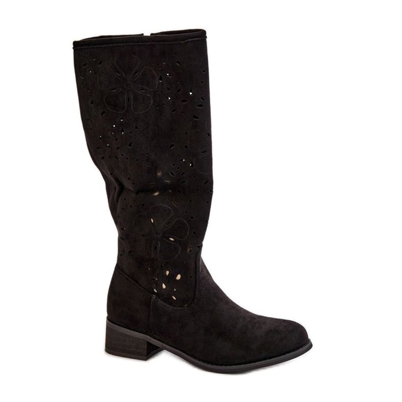 Genombrutna damstövlar på låga klackar Ekomocka med dragkedja Svarta orkidéer