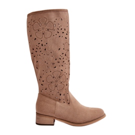 Genombrutna damstövlar på låga klackar Ekomocka med dragkedja Mörkbeige orkidéer