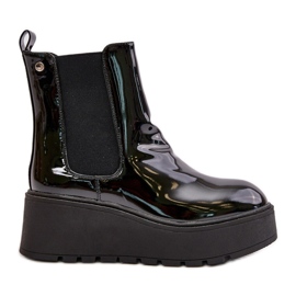 Patent damstövlar på plattform och kilisolerade svarta Wloedia