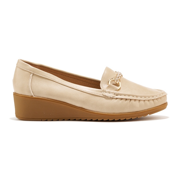 Beige dam wedge loafers med gulddekor