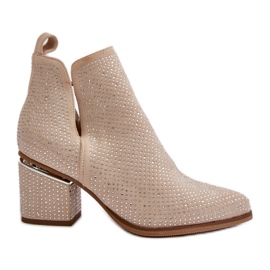 Dekorerade högklackade damstövlar med spetsiga tår, Beige Fararia